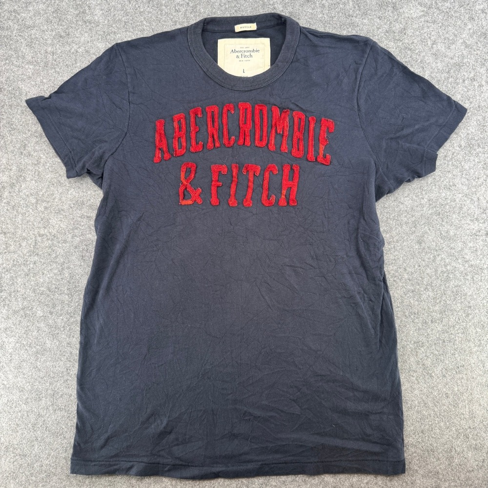 VTG Y2K Abercrombie & Fitch T-Shirt Mens L Muscle Navy Blue Red Logo Applique